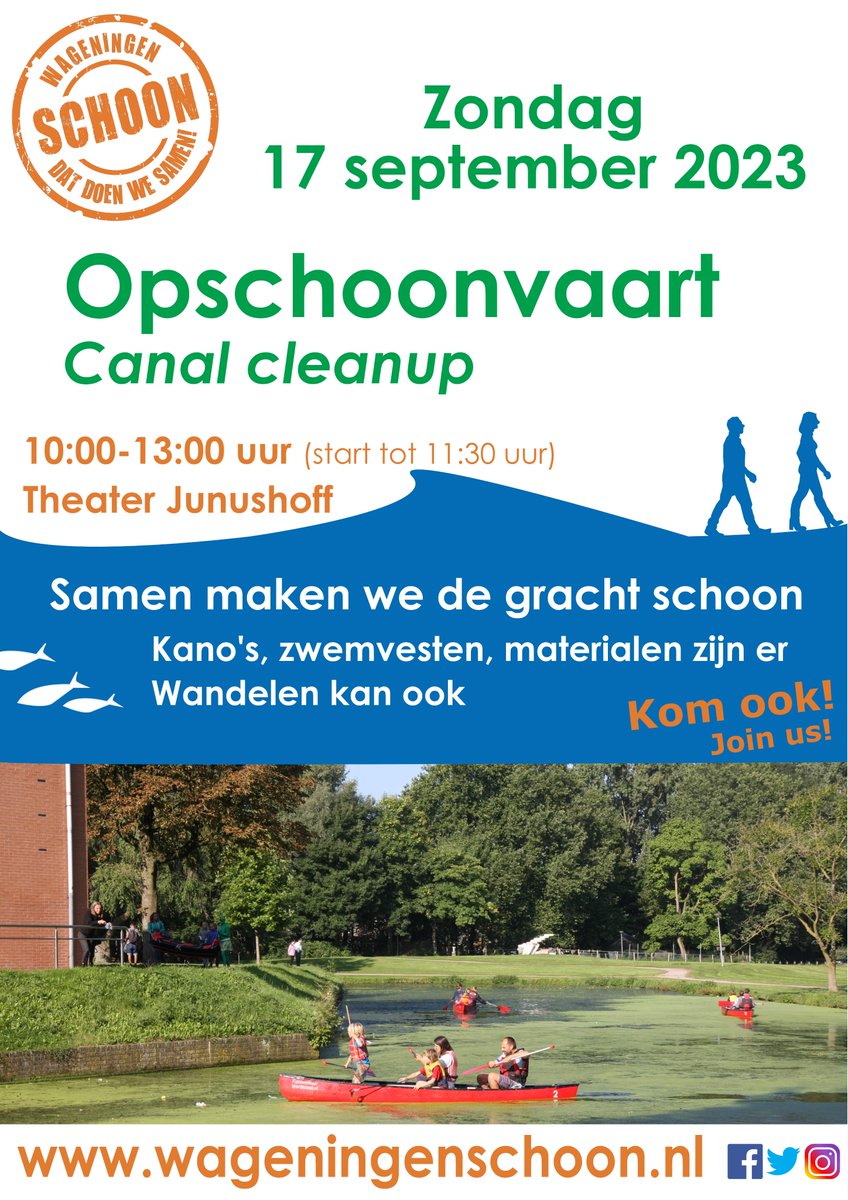 Zondag 17 september is het weer gezellig op de gracht in Wageningen. Met kano's halen we het zwerfafval uit de gracht. Kom je ook? Vanaf 10 uur bij Junushoff.