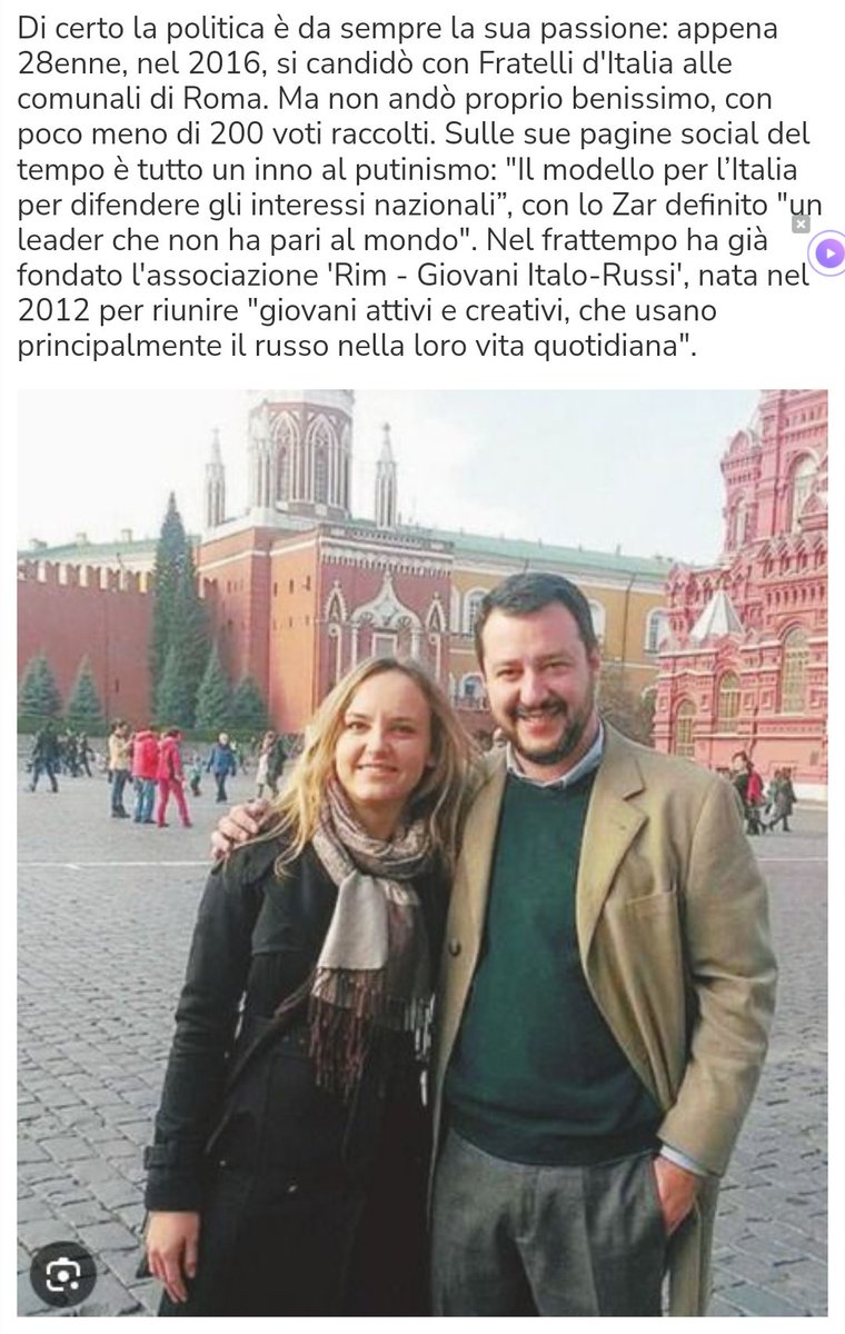 HSkelsen's tweet photo. No, ma io mi domando... Tutto a posto?

«Entra al Senato dal primo di novembre Irina Osipova, 35enne russa...salta agli occhi dai tabulati dove ci sono identità e punteggio degli ultimi assunti in Senato, con delicati ruoli di natura amministrativa e contabile, con la responsabilità di consultare le banche dati e 'classificare' e archiviare la corrispondenza di Palazzo...

Sulle sue pagine social del tempo è tutto un inno al putinismo: "Il modello per l’Italia per difendere gli interessi nazionali”, con lo Zar definito "un leader che non ha pari al mondo"...

Irina organizza eventi e va in piazza per dire no alle sanzioni europee alla Russia, scattate dopo l'annessione della Crimea del 2014. Manifestazioni per sostenere la politica russa in Ucraina e attaccare la politica 'nazista' di Kiev nelle province russofone. Tra i suoi contatti del tempo Andrea Palmeri, il neofascista lucchese arruolato nelle milizie filorusse del Donbass...

la Osipova è stata collaboratrice dal 2014 dell'associazione 'Lombardia-Russia', guidata dal leghista Gianluca Savoini, già braccio destro di Matteo Salvini e a lungo suo portavoce...

Spiccano sui social le immagini con Salvini ritratto nella piazza Rossa con la maglietta raffigurante il volto di Putin e scatti come quello che vede la Osipova in compagnia di Yan Petrovsky, leader del gruppo neonazista russo, affiliato alla Wagner, 'Rusich', quel Petrovsky arrestato nelle scorse settimane in Finlandia, con l'accusa di crimini di guerra...

Ora Irina Osipova sta per prendere servizio in Senato, grazie alla vittoria al concorso che l'ha vista primeggiare, superando la concorrenza di ben 12mila candidati. Una delle persone "oggettivamente selezionate", come sottolinea chi ha avuto modo di esaminare i candidati a Palazzo Madama...

https://t.co/mnH8PabZbn