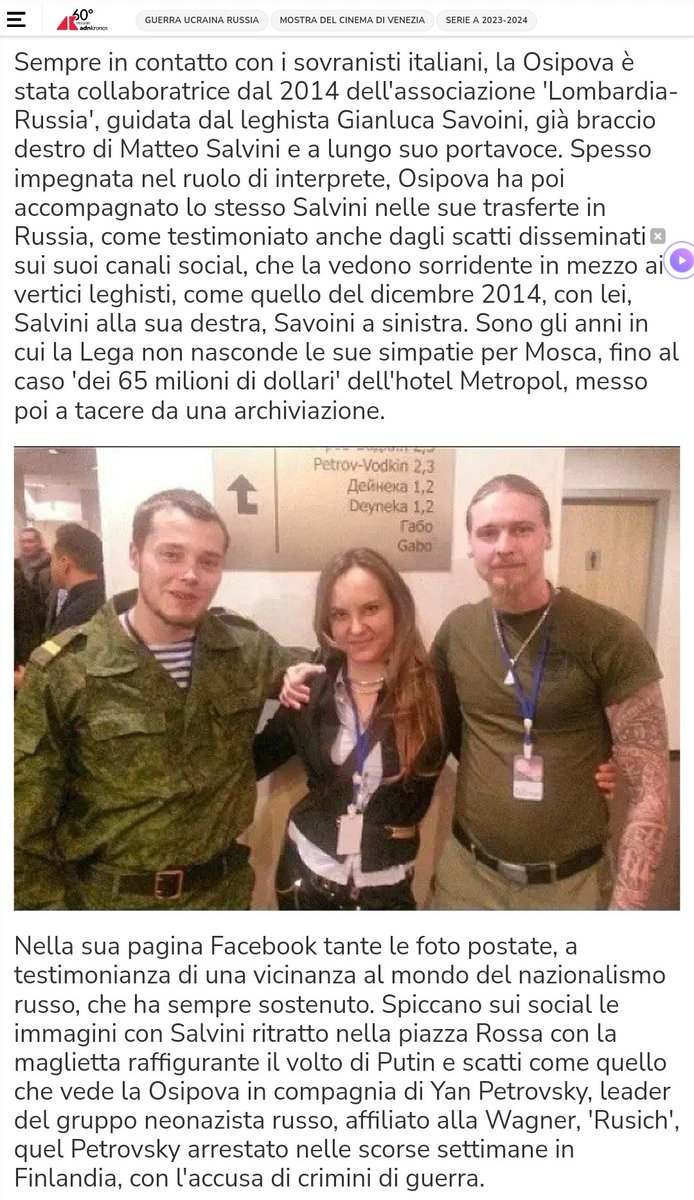 HSkelsen's tweet photo. No, ma io mi domando... Tutto a posto?

«Entra al Senato dal primo di novembre Irina Osipova, 35enne russa...salta agli occhi dai tabulati dove ci sono identità e punteggio degli ultimi assunti in Senato, con delicati ruoli di natura amministrativa e contabile, con la responsabilità di consultare le banche dati e 'classificare' e archiviare la corrispondenza di Palazzo...

Sulle sue pagine social del tempo è tutto un inno al putinismo: "Il modello per l’Italia per difendere gli interessi nazionali”, con lo Zar definito "un leader che non ha pari al mondo"...

Irina organizza eventi e va in piazza per dire no alle sanzioni europee alla Russia, scattate dopo l'annessione della Crimea del 2014. Manifestazioni per sostenere la politica russa in Ucraina e attaccare la politica 'nazista' di Kiev nelle province russofone. Tra i suoi contatti del tempo Andrea Palmeri, il neofascista lucchese arruolato nelle milizie filorusse del Donbass...

la Osipova è stata collaboratrice dal 2014 dell'associazione 'Lombardia-Russia', guidata dal leghista Gianluca Savoini, già braccio destro di Matteo Salvini e a lungo suo portavoce...

Spiccano sui social le immagini con Salvini ritratto nella piazza Rossa con la maglietta raffigurante il volto di Putin e scatti come quello che vede la Osipova in compagnia di Yan Petrovsky, leader del gruppo neonazista russo, affiliato alla Wagner, 'Rusich', quel Petrovsky arrestato nelle scorse settimane in Finlandia, con l'accusa di crimini di guerra...

Ora Irina Osipova sta per prendere servizio in Senato, grazie alla vittoria al concorso che l'ha vista primeggiare, superando la concorrenza di ben 12mila candidati. Una delle persone "oggettivamente selezionate", come sottolinea chi ha avuto modo di esaminare i candidati a Palazzo Madama...

https://t.co/mnH8PabZbn