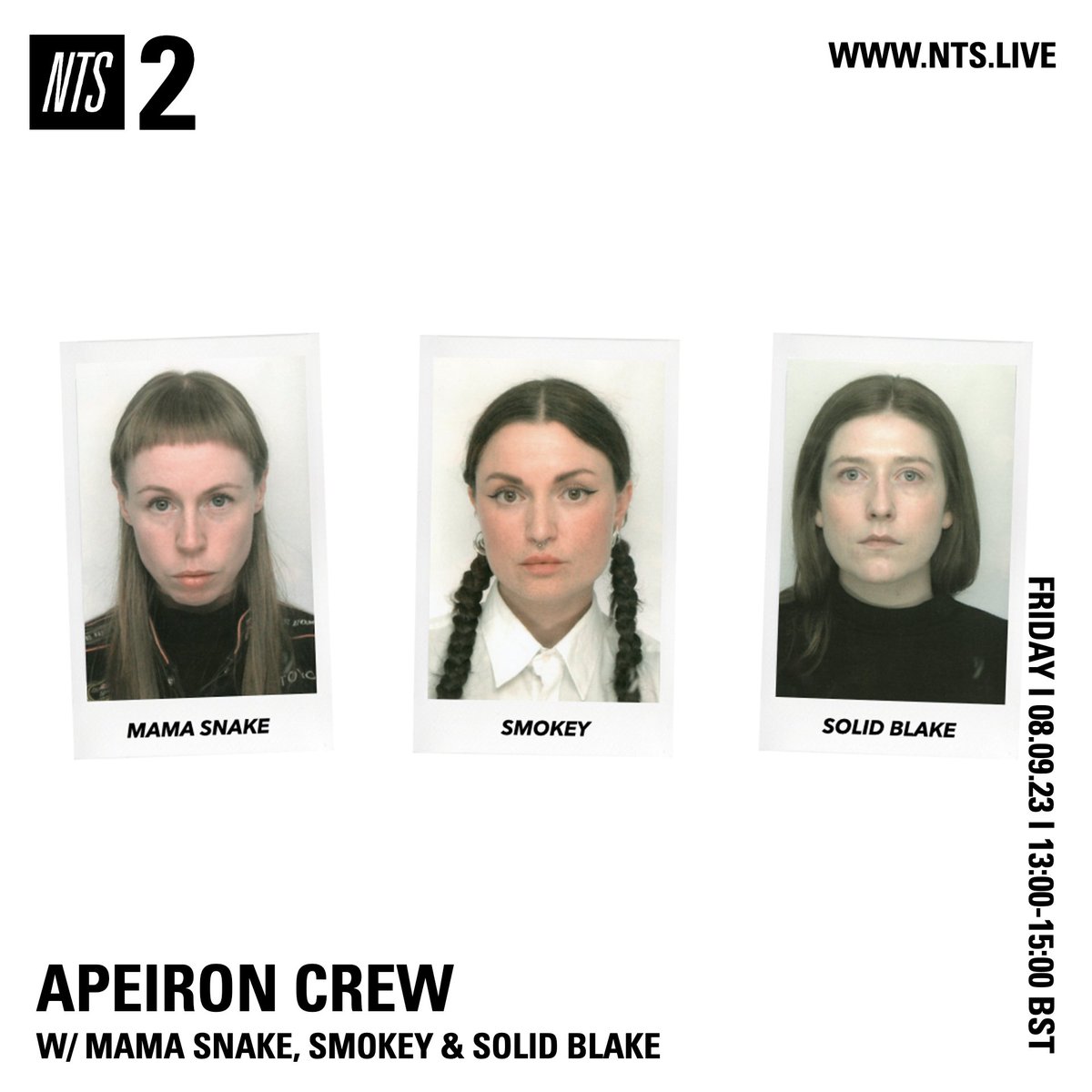 Copenhagen techno sounds from Apeiron Crew for the next two hours... Mama Snake, Solid Blake, and Smokey passing the headphones - listen now: nts.live/2