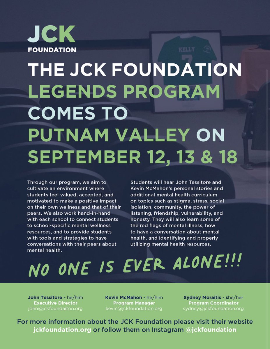 MrsCancellaroPV's tweet photo. PVHS is thrilled to have the JCK
Foundation present to our students next week! Be on the lookout for grade level presentations and breakout sessions! #mentalhealthmatters

@NotoFrye @jluft1 @44natalie @JackieLevinePV @LP10579 @PutnamValleyCSD https://t.co/kZOCMV6HRM