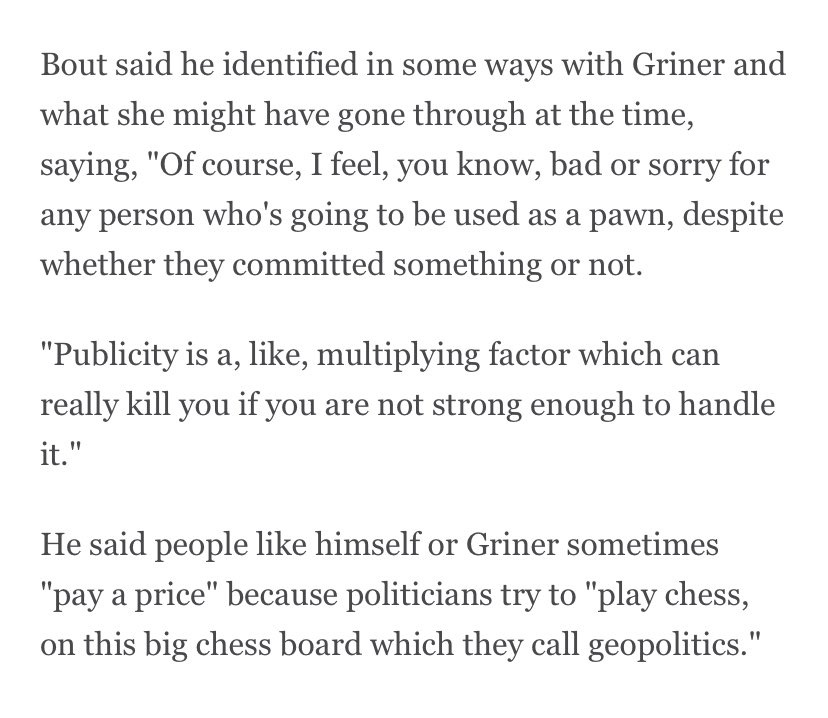 Bout, who is running for a seat in a local Russian legislature, tells ESPN he knew what Griner was going through as a geopolitical “pawn”: