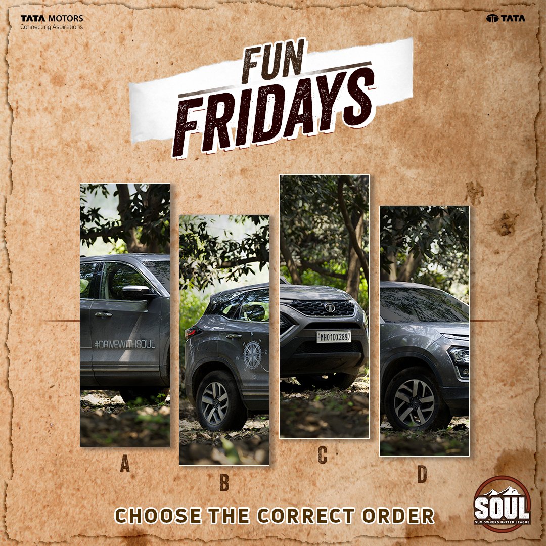 TataMotors_Cars's tweet image. Can you piece it all together? 🧩 ​

Arrange the pictures and comment the right answers below. ​

​#DriveWithSOUL #ConnectWithSOUL #SOULFunFridays #TataHarrier #TataSafari #Quiz #TataMotorsPassengerVehicles