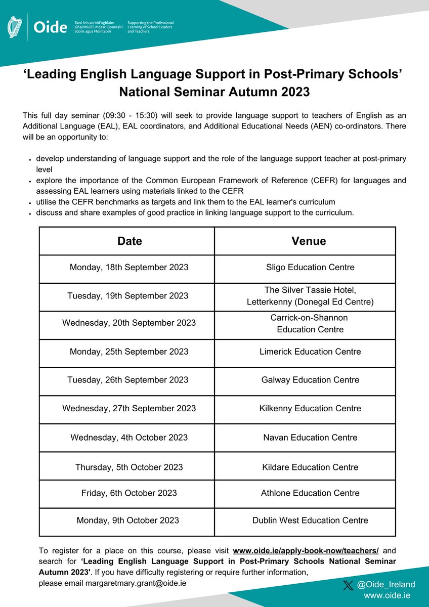 📣 We are delighted to announce our autumn seminar series ‘Leading English Language Support in Post-Primary Schools’. Suitable for anyone unable to attend this day last year, specifically teachers and coordinators of EAL. Booking available here - oide.ie/apply-book-now…
