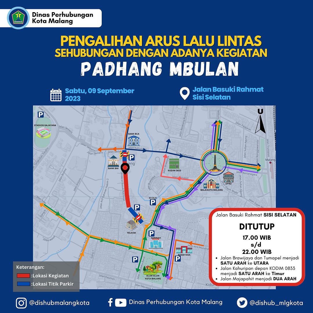 infomalang's tweet photo. Yaak, Kayutangan ditutup maneh

Via @dishub_mlgkota Berikut pengalihan arus lalu lintas pelaksanaan kegiatan "Padhang Mbulan" yang diselenggarakan pada Sabtu, 9 September 2023 di Jl. Basuki Rahmat (sisi selatan). https://t.co/QSFqhFJGcp