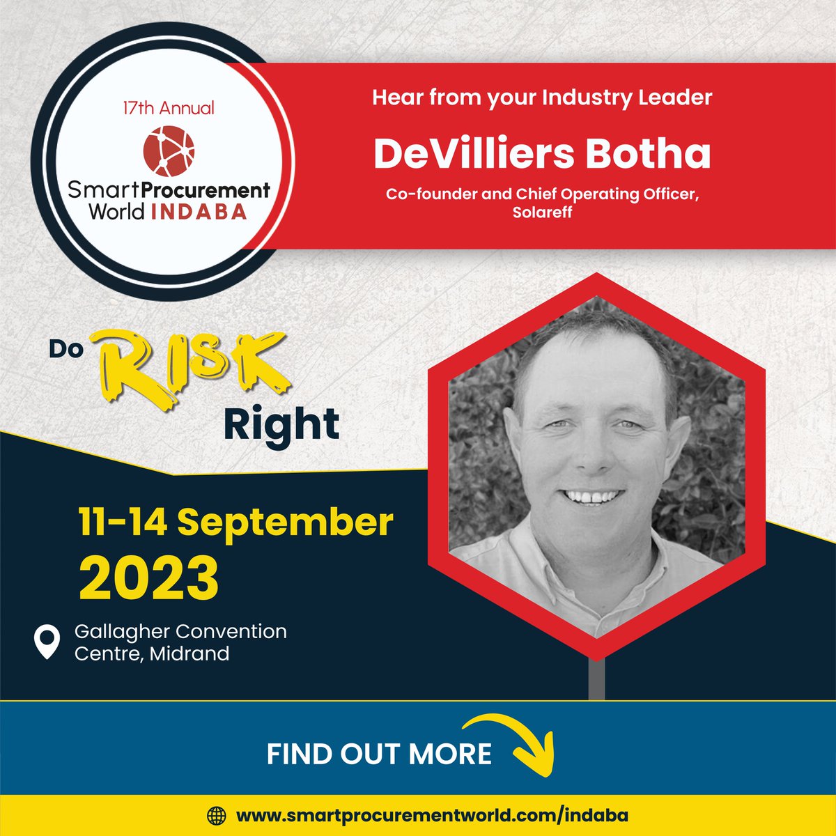 DeVilliers Botha, <a href="/Solareff/">Solareff</a> COO, will be speaking at the 17th Annual Smart Procurement <a href="/SmartProcure/">Smart Procurement World</a> World Indaba taking place from 11 - 14 September 2023 at the Gallagher Convention Centre, Midrand. Register here: spw.uxi.re/gXX7 #SPW2023Indaba