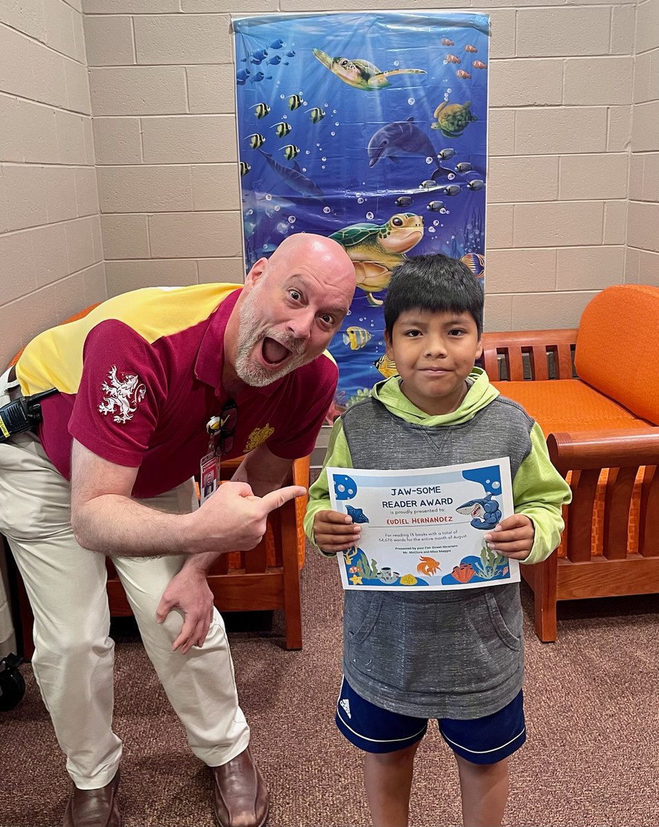 FsiaMedia's tweet photo. In the Media Center, we are giving out the JAW-SOME Reader award for reading the most books and words per month.  For August, our very own Eudiel Hernandez won for reading 13 books with a total of 54,676 words.  Now that's JAW-SOME!!! https://t.co/U4FRDPVUck