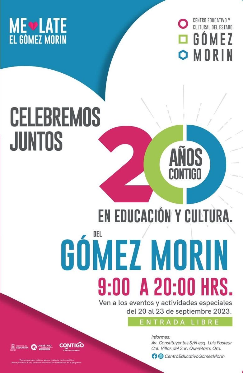 ely_machado's tweet photo. ¡Centro Educativo y Cultural del Estado Gómez Morin celebra su 20º Aniversario con un programa especial!

¡Te esperamos para celebrar juntos nuestro 20º aniversario! 🥳🎉 
#ElGomezMorinCreceContigo 
#CECEQ20AñosContigo #GómezMorin #20AñosContigo  #MelateElGomezMorin https://t.co/fjPKAQF2Ah