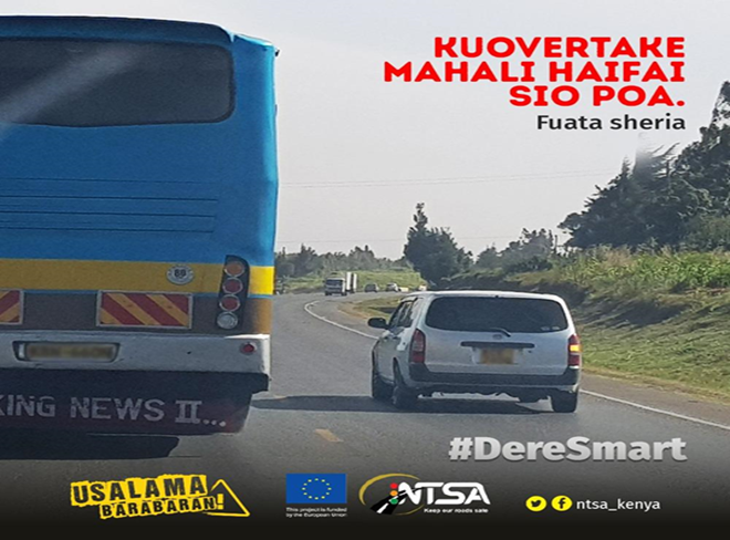 BSABKENYA's tweet photo. Usirisk maisha kwa kuovertake kiholela. Subiri kidogo ili uone mbali. #DereSmart #UsalamaBarabarani https://t.co/KLefmiAR0p