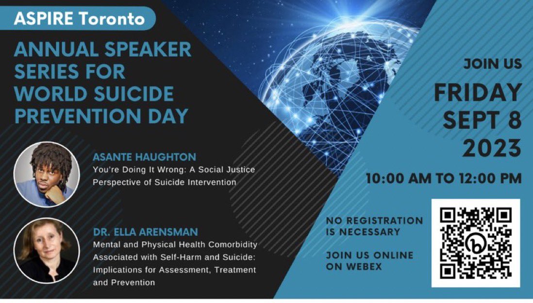 Please join us at 10 am EDT today for the @uoftmedicine @UofTPsych #ASPIREToronto virtual #WSPD event, featuring two incredible speakers on suicide prevention - @asantetalks on social justice, and Dr Ella Arensman on the intersection of mental and physical health. Link below!