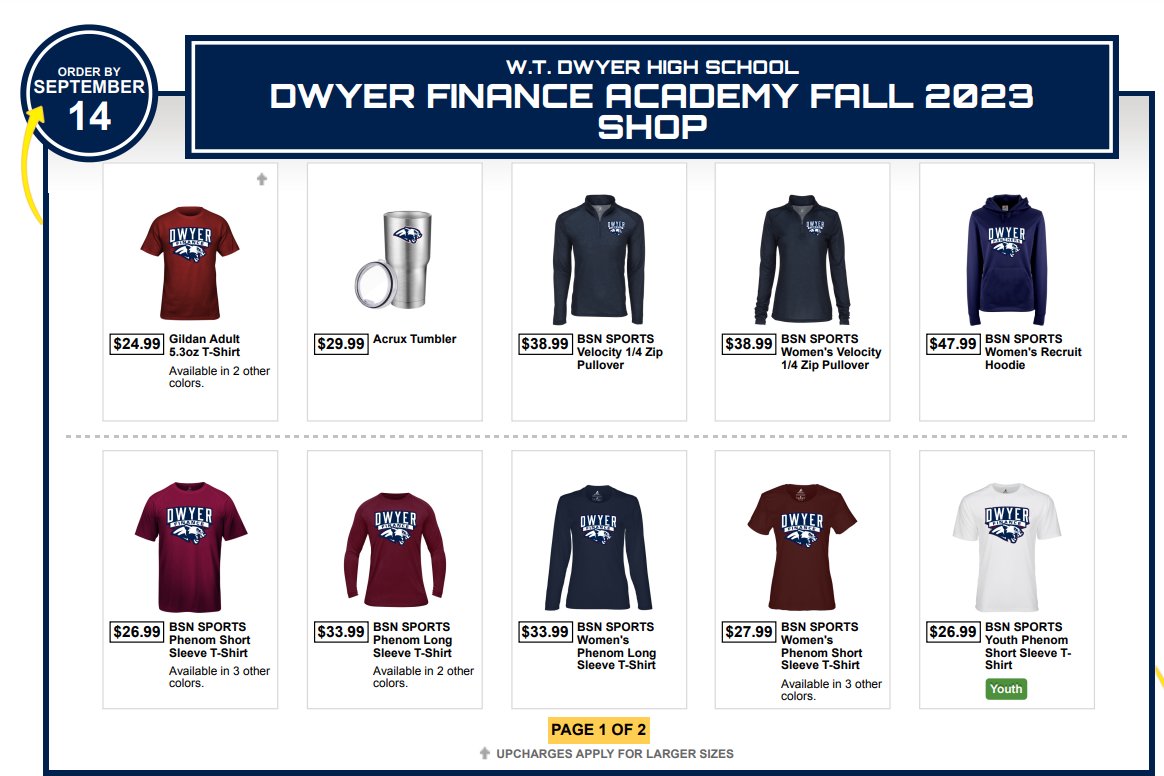 ***DWYER ACADEMY OF FINANCE*** Your team shop is back open! Hit the link below to get your exclusive Dwyer AOF gear! @DwyerHS @utvol5 @DwyerAcademies @DwyerPrincipal Hurry, shop closes 09/14/2023! bit.ly/3raPTyT