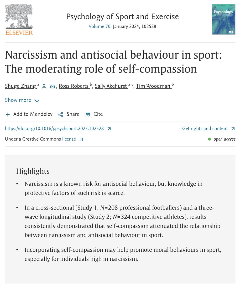 Sport is meant to be a fair play of sportsmanship and fulfilment/actualisation.  In this new research, we demonstrated the attenuating effect of self-compassion on the relationship between athlete narcissism and antisocial behaviours: sciencedirect.com/science/articl…