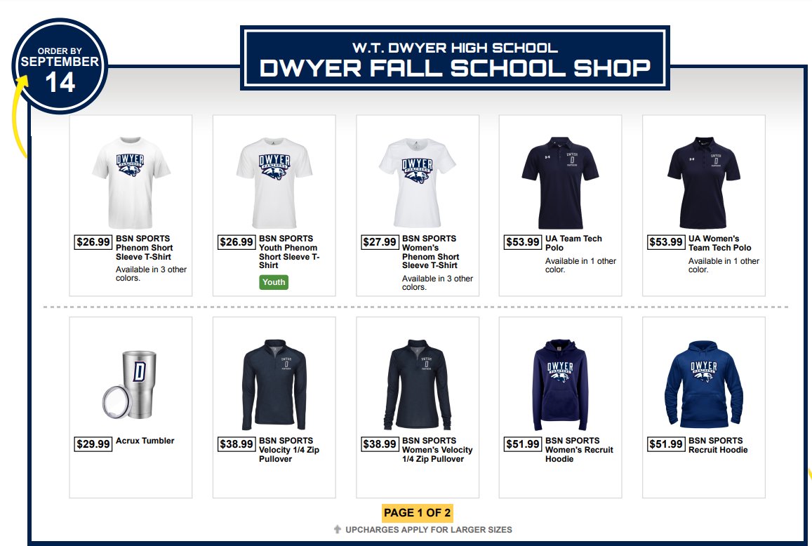 ***DWYER HIGH SCHOOL*** Your school wide team shop is live! Hit the link below to get all of your exclusive Dwyer apparel! @DwyerHS @utvol5 @DwyerPrincipal @DwyerAthletics @DwyerPabc Hurry, shop closes 09/14/2023! bit.ly/3EwLg5s