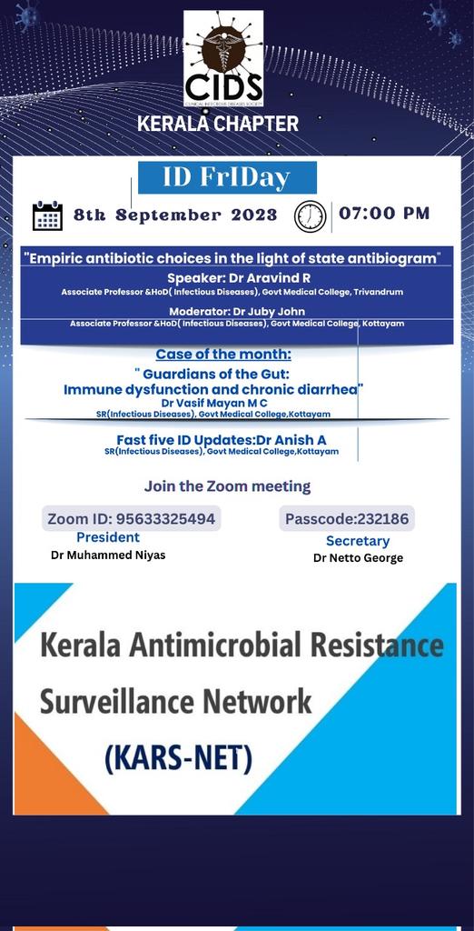 zoom.us/j/95633325494?…

Join ID FrIDay today, 7 pm, IST. KARSNET based empiric antimicrobial choices for Kerala state, rapid ID updates and an interesting case.