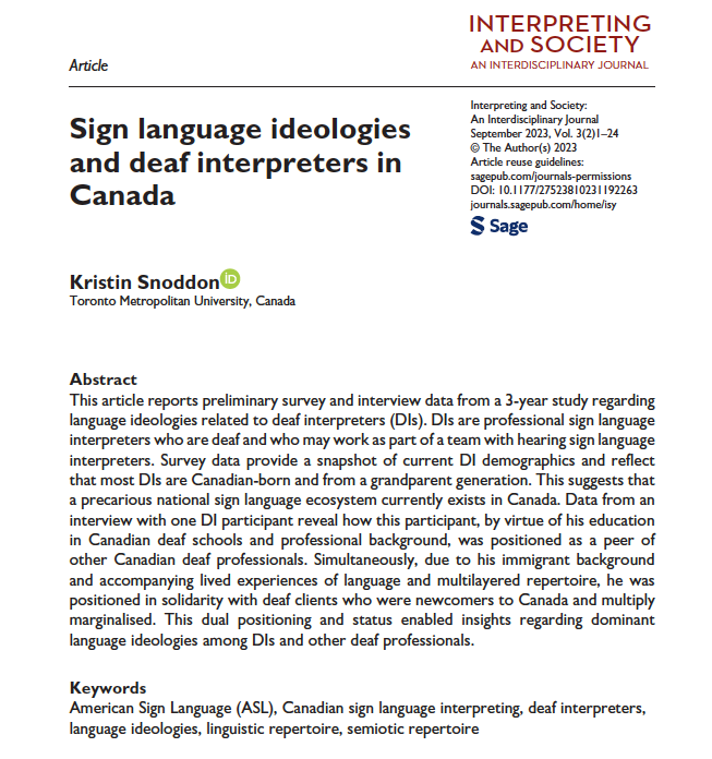 Open access: Sign language ideologies and deaf interpreters in Canada. Free to read here: doi.org/10.1177/275238…