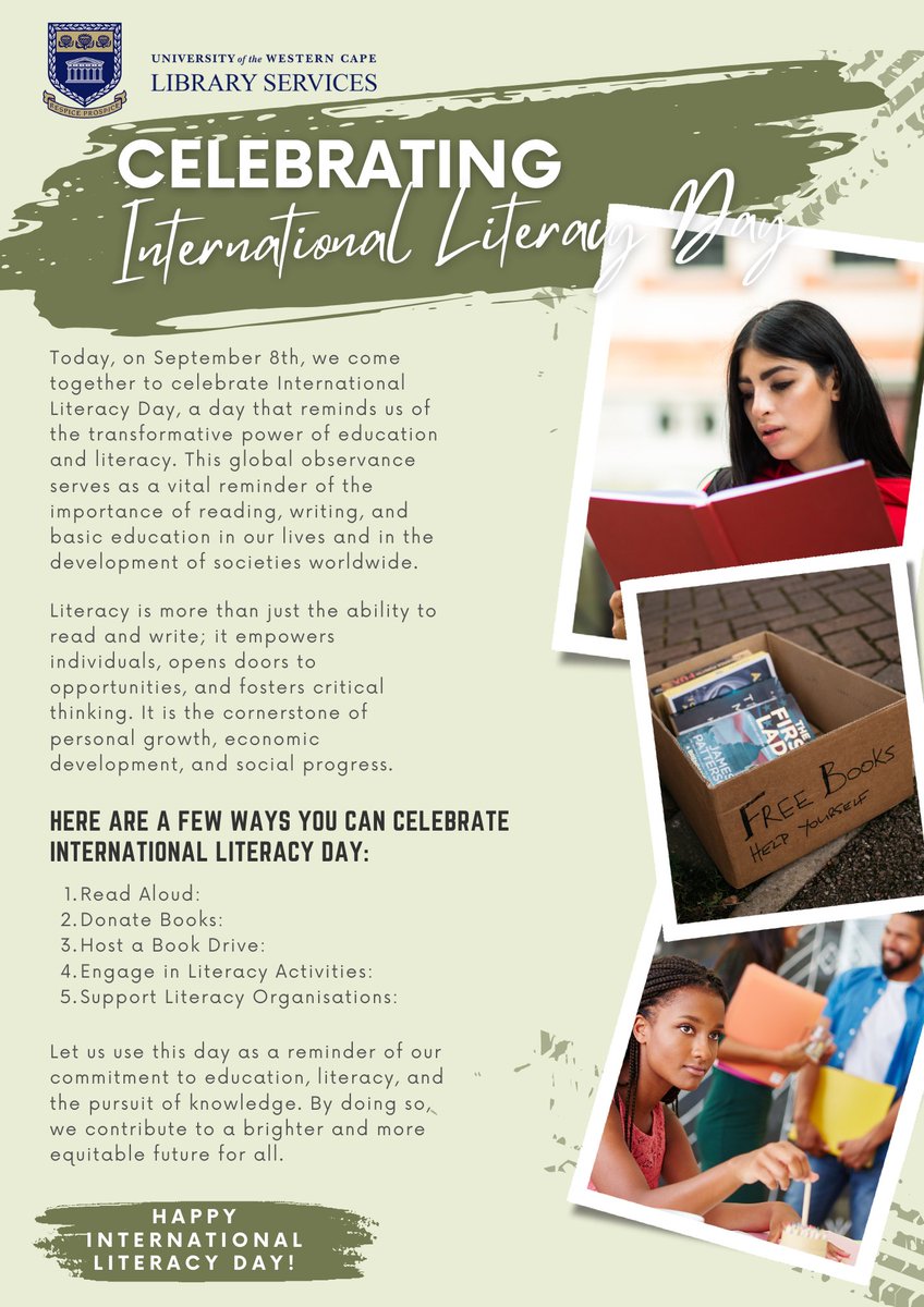 📚 Happy International Literacy Day! 🌍 Join us at UWC Library as we celebrate the power of words, knowledge, and the joy of reading. Let's open new chapters, explore diverse stories, and empower minds together. 🎉📖 #LiteracyDay #UWCLibrary #ReadingRevolution