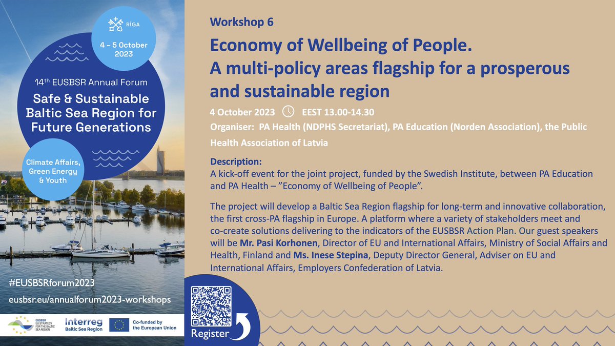 NDPHSorg's tweet photo. @EUSBSR Annual Forum 2023 in #Riga is approaching 📆 There are still a couple of seats available in the #PAHealth and #PAEducation joint workshop: Economy of Wellbeing of People.💡

Join us on October 4 and register: https://t.co/2OTlXsi6Ya https://t.co/8HVWouLDdc
