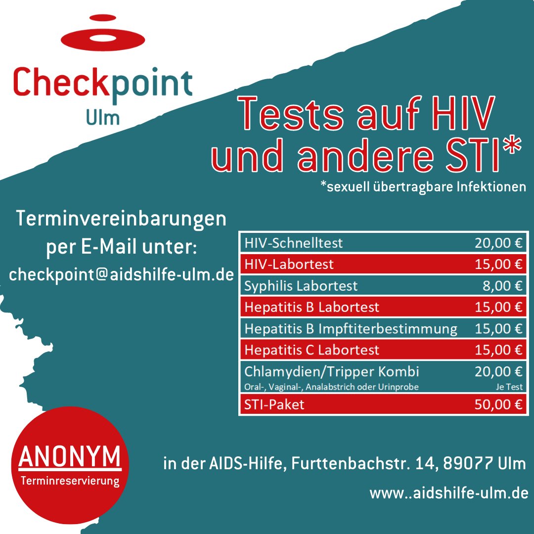 AIDSHilfeUlm's tweet photo. Schon getestet?

Im Checkpoint der Ulmer AIDS-Hilfe ist dies am 19.09.2023 möglich. 

Terminvereinbarungen per Mail an checkpoint@aidshilfe-ulm.de 

#checkpointulm #aidshilfeulm #ulm #neuulm #albdonau #sti #std #hivtest #hivtesting #gesund #sexuellegesundheit https://t.co/T8frobif0I