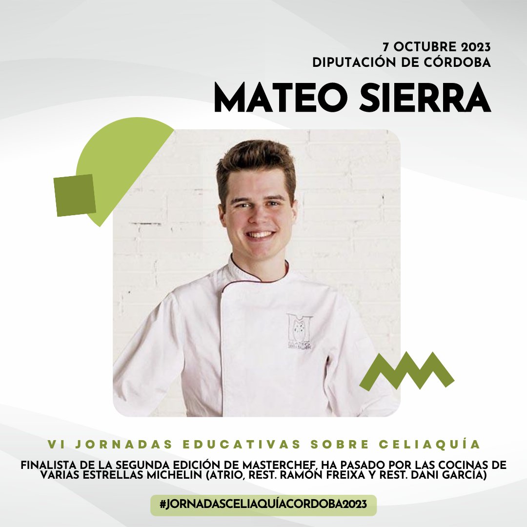 🎙️ Mateo Sierra, finalista de MasterChef: Con un talento probado en las cocinas más exigentes. Presentación de su libro “Repostería Sin Gluten” a partir de las 16.30 en el Patio Blanco.

#JornadasCeliaquiaCordoba2023 <a href="/MateoSierra93/">Mateo Sierra</a>