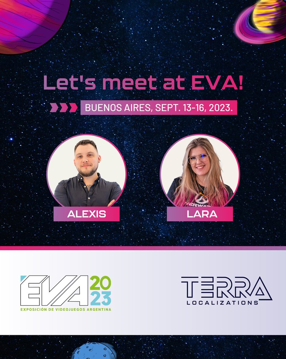 Terra_Loc's tweet image. 🎮  Meet Ale and Lali at EVA to talk about localization, quality assurance and the latest trends in video games! María del Carmen Schembri and Victoria Rovira will also be there to meet new talents in the gaming industry. 🚀

#VideoGameLocalization #EVA2023