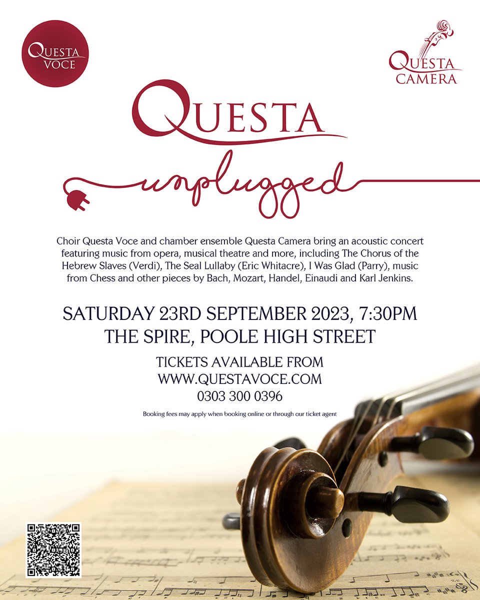 Our next concert takes place on 23rd September! Questa Unplugged will be at The Spire, Poole High Street and will feature Questa Voce singing a mix of old favourites and new pieces, accompanied by professional chamber group Questa Camera. Tix from questavoce.com/buy-tickets