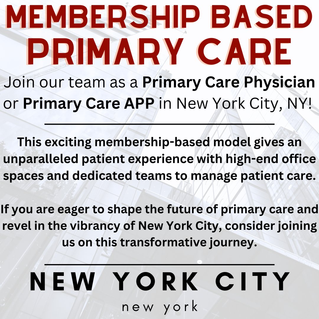 Seeking Primary Care Physicians and Primary Care APPs in New York, NY! Link in bio for more details!
#medcentric #medcentricsearchfirm #primarycare #membershipbasedcare #healthcareopportunites #healthcarejobs #newyorkcity #newyorkcityjobs #patientexperience #hiring #applytoday