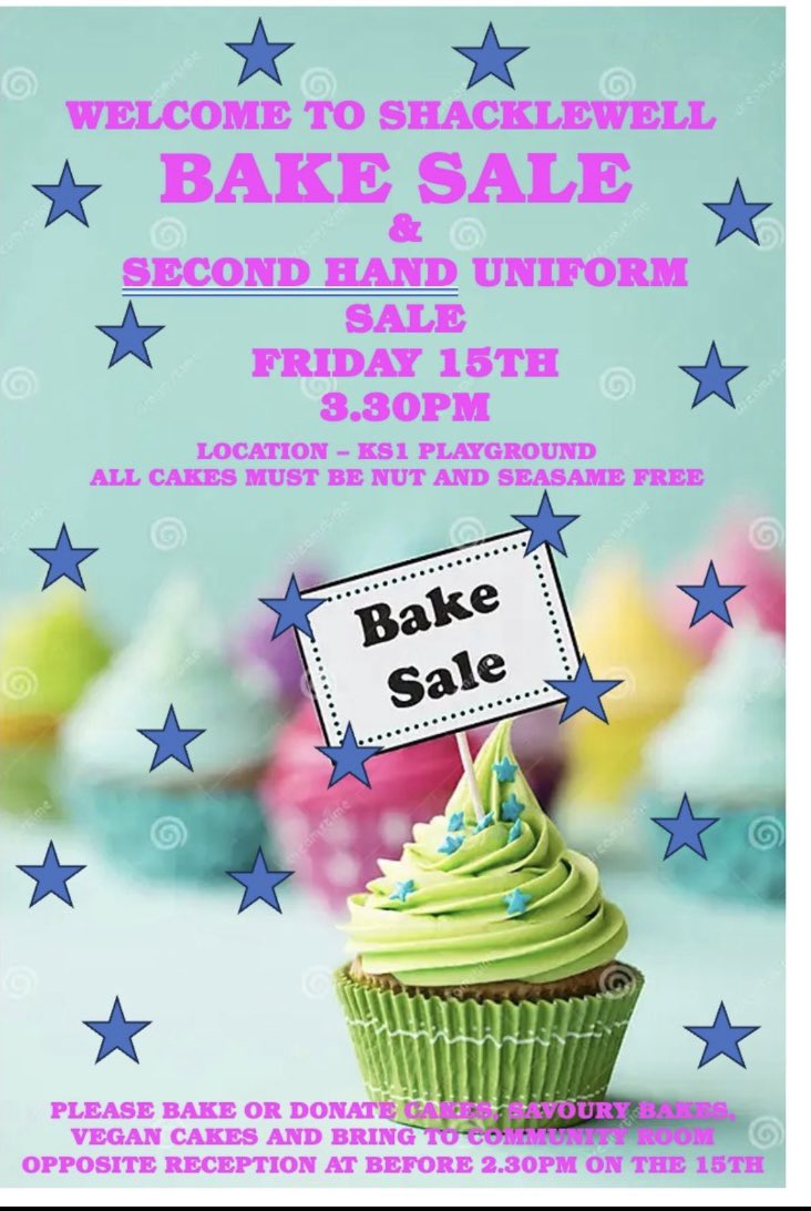 Whoop! First bake sale of the academic year! Next Friday 15th Sept 3.30 in the top playground. Buy or Bake sweet, vegan &amp; savoury treats, but please remember no nuts or sesame. <a href="/ShacklewellE8/">Shacklewell Primary</a>