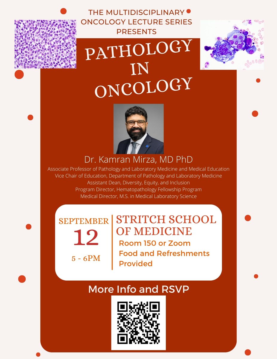 dylan_ross12's tweet photo. Join us for Dr. Mirza's presentation on Pathology in Oncology as a part of the new Multidisciplinary Oncology Lecture Series! The lecture will be next Tuesday, 9/12, from 5-6pm! 
Virtual attendance is open to all, please register here: https://t.co/WrNmYVtJSj
#PathTwitter https://t.co/AzCRE2DiEX