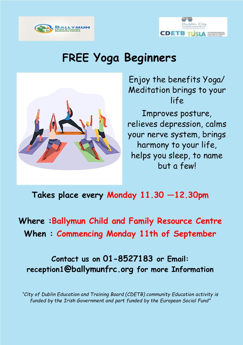 BCFRC1's tweet photo. Can't wait to Welcome back ya'll next week for our #1stTerm of classes KICKING OFF with Yoga Advanced at 10.30am this is FULL but PLACES AVAILABLE in our Beginner Class 11.30-12.30am pop in or call 01-8527183 to Register π
#cdetbcommunityeducation #dnwp #dcc #familyresourceirl https://t.co/0IsaZAlQSl