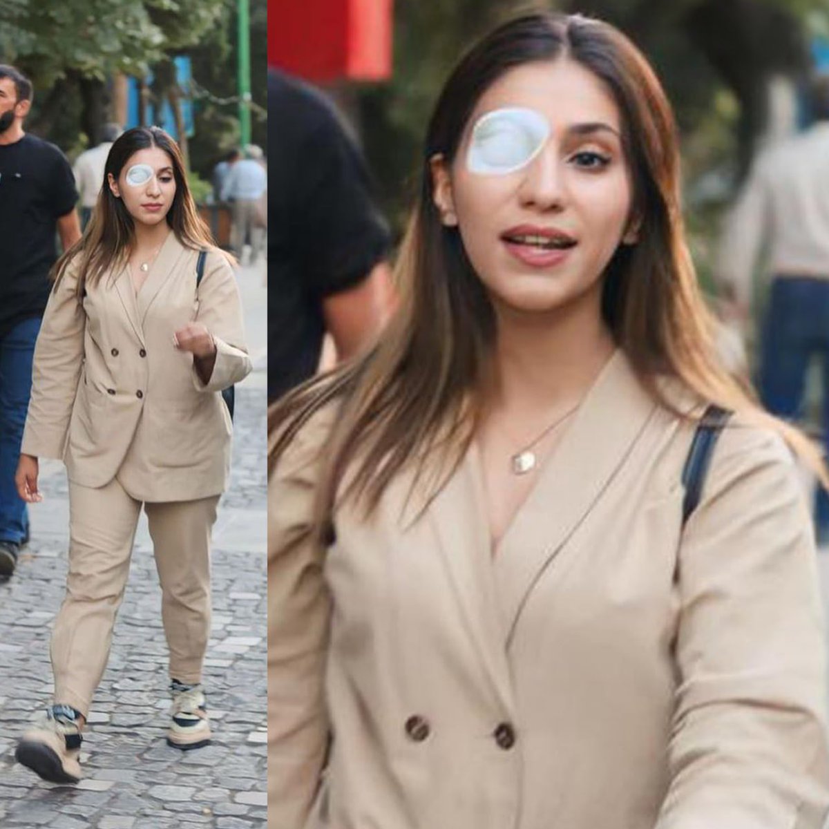 Masih Alinejad 🏳️ (@alinejadmasih) on Twitter photo Iranian women blinded by the Islamic regime for protesting continue their fight. 
Meet Kosar Eftekhari, 23, boldly walking unveiled in defiance of mandatory hijab laws despite being blinded by the regime. Iranian women send a clear message: they stand firm, while it’s the Iranian women blinded by the Islamic regime for protesting continue their fight. 
Meet Kosar Eftekhari, 23, boldly walking unveiled in defiance of mandatory hijab laws despite being blinded by the regime. Iranian women send a clear message: they stand firm, while it’s the