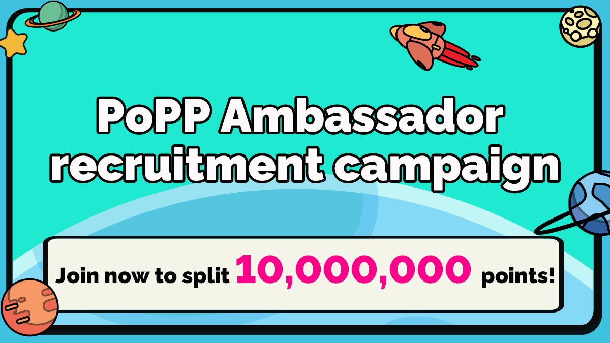 🚀  PoPP Airdrop Points Alert!  💰

❤️ RT, or comment your DeID on any posts made by PoPP brand ambassadors tagged with <a href="/Hi_PoPPOfficial/">PoP Planet</a> and #Creatorfi 

Share 10,000,000 PoPP  Airdrop Points!💰

#Airdrop #Giveaway #PoPP