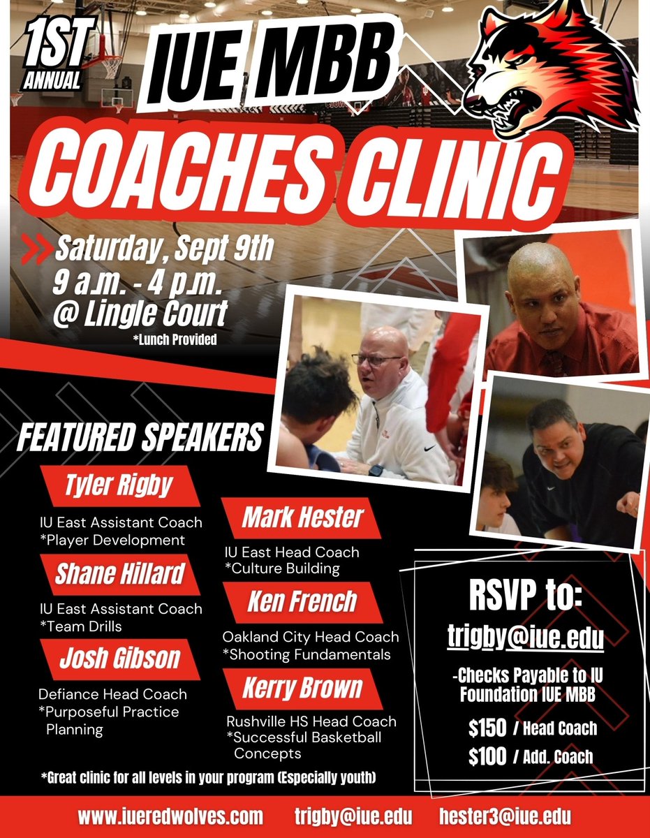 Mark Hester (@coachhester) on Twitter photo Today is the last day to RSVP (<a href="/CoachRigby5/">Tyler Rigby</a>) & guarantee a shirt! Walk ups are more than welcome.
Really excited to hear these coaches share with everyone. All proceeds go to IUE MBB. See you there!! Today is the last day to RSVP (<a href="/CoachRigby5/">Tyler Rigby</a>) & guarantee a shirt! Walk ups are more than welcome.
Really excited to hear these coaches share with everyone. All proceeds go to IUE MBB. See you there!!