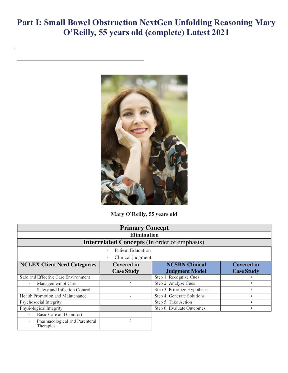 Part I: Small Bowel Obstruction NextGen Unfolding Reasoning Mary O’Reilly, 55 years old (complete) Latest 2021
#fliwy #smallbowelobstruction #part1 
fliwy.com/item/355927/pa…