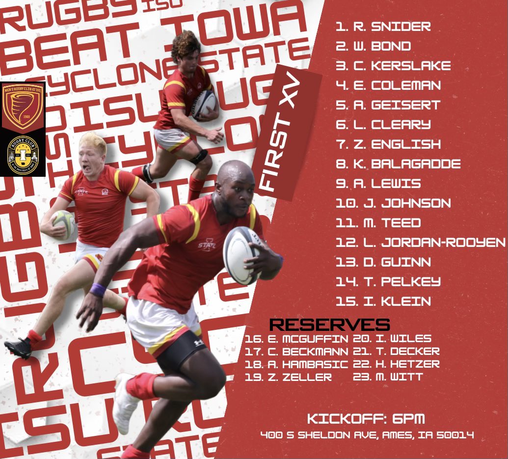 Gameday! The Cy-Hawk rugby match kicks off Cy-Hawk weekend when the two conference contenders kick off at 6 PM. Show up early, be loud and cheer on your Cyclones!