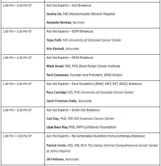 acmoorephd's tweet photo. One of the most popular parts of @LUNGevity's #ILCSC is our "Ask the Expert - Biomarker Breakout" sessions. Even if you don't have a currently actionable biomarker, we've got you covered. (1/3) https://t.co/LGZvjqWw2i