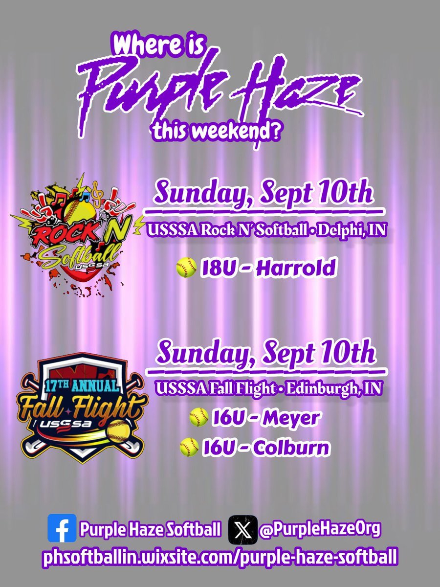 PurpleHazeOrg's tweet photo. 💜🥎 After enjoying a holiday weekend with family &amp; friends, our girls are back at it! Best of Luck to the athletes of @18UPurpleHazeSB , @PurpleHazeMeyer &amp; @PH16UColburn !! Paint those towns purple ladies! 🥎💜 Indiana USSSA #purplehazehustlers #fastpitchsoftball https://t.co/6QanJTdPsp