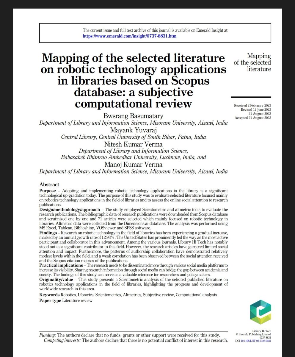 bwsrang's tweet photo. Read our new article publication in the journal "Library Hi Tech" (Scopus indexed)
https://t.co/JNbT7I2PGi https://t.co/RQLbngkJg3