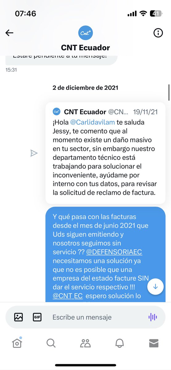 Carlidavilam's tweet photo. @CNT_EC Evidencia donde se reporta no tener servicio desde el 2021 y donde indican que es por robo de cables en el sector. Y hoy 2023 quieren que pague una factura de $250 sin haber tenido más de año y medio sin servicio! @LassoGuillermo hasta cuando? @DEFENSORIAEC y Uds? Estamos solos https://t.co/4iUa08AAQA