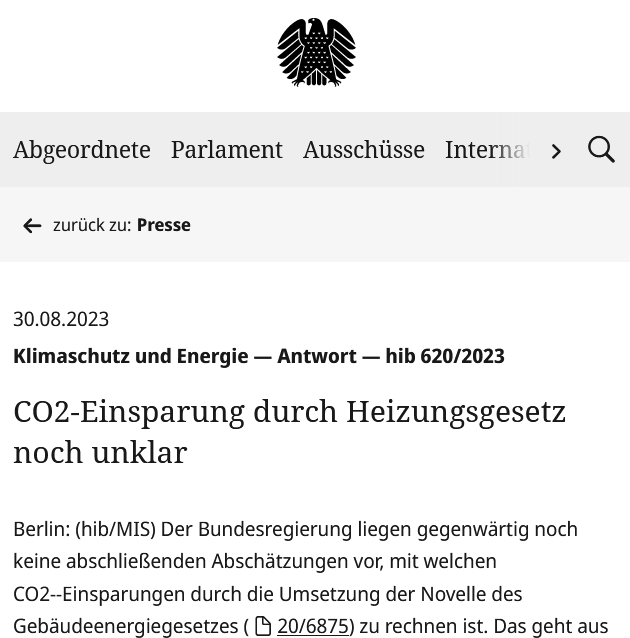 #Heizungsgesetz ist beschlossen!

• CO2-Wirkung: Unbekannt.
• Wirkung auf Erdtemperatur: Null.
• Kosten für Mieter/Eigentümer: Hunderte Mrd. Euro.

Ein Gesetz ohne Nutzen mit riesigem Schaden, das viele Altbaubesitzer faktisch enteignet.

Egal, welches CO2-Ziel man für richtig