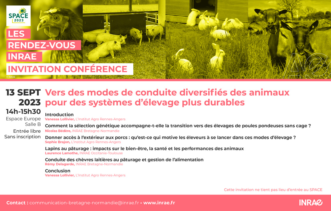 INRAE_BzhNdie's tweet photo. [#SPACE2023] Ne manquez pas notre conférence sur les modes de conduite diversifiés des animaux pour des systèmes d’#élevage plus durables, mercredi à 14h au @SPACERennes.
Intervenants : @BedereNicolas, R. Delagarde, L. Lamothe, @SophieBrajon &amp; V. Lollivier. https://t.co/qa3xwqtAaS
