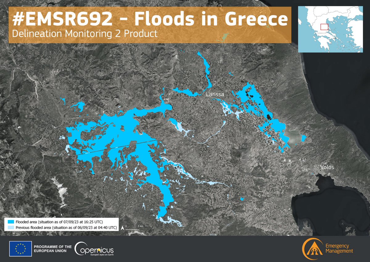 Update #Floods in #Greece🇬🇷 #EMSR692 Our #RapidMappingTeam has delivered its Monitoring Product for the areas affected by the catastrophic #floods in the #Thessaly region 🌊A total flooded area of 7⃣2⃣,9⃣5⃣0⃣ ha has been detected Read more at👇 rapidmapping.emergency.copernicus.eu/EMSR692/report…