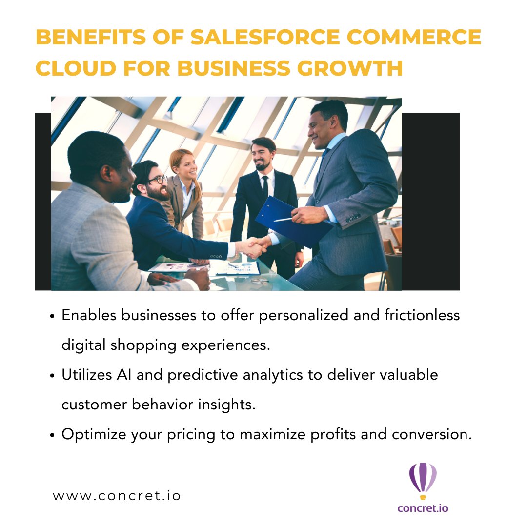 concretios's tweet image. Accelerate your online business with Salesforce Commerce Cloud. Unlock the potential of our innovative platform to create seamless online shopping experiences, drive customer engagement, and boost sales. #SalesforceCommerce #salesforce #businessgrowth