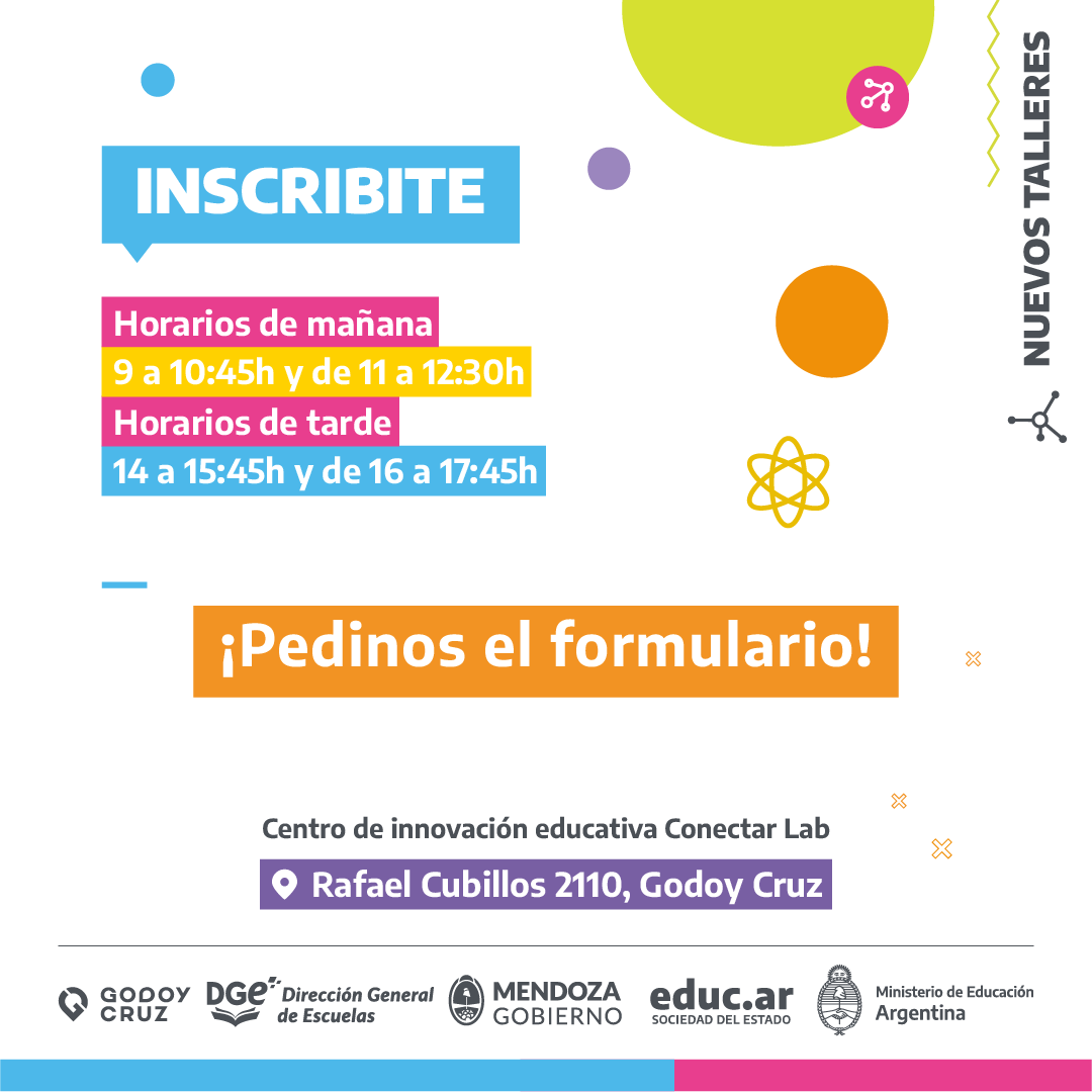 MuniGodoyCruz's tweet photo. ✍ Talleres en #ConectarLAB 🚀: preinscripciones abiertas

Comienzan los nuevos cursos destinados a niños y adolescentes de 6 a 18 años. Son gratuitos, presenciales, con cupos limitados y con una duración de 3 meses

📲 Preinscribite en: https://t.co/WnvlN4T9Ev https://t.co/j5SUm19sHl