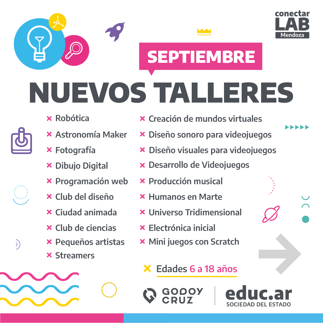 MuniGodoyCruz's tweet photo. ✍ Talleres en #ConectarLAB 🚀: preinscripciones abiertas

Comienzan los nuevos cursos destinados a niños y adolescentes de 6 a 18 años. Son gratuitos, presenciales, con cupos limitados y con una duración de 3 meses

📲 Preinscribite en: https://t.co/WnvlN4T9Ev https://t.co/j5SUm19sHl