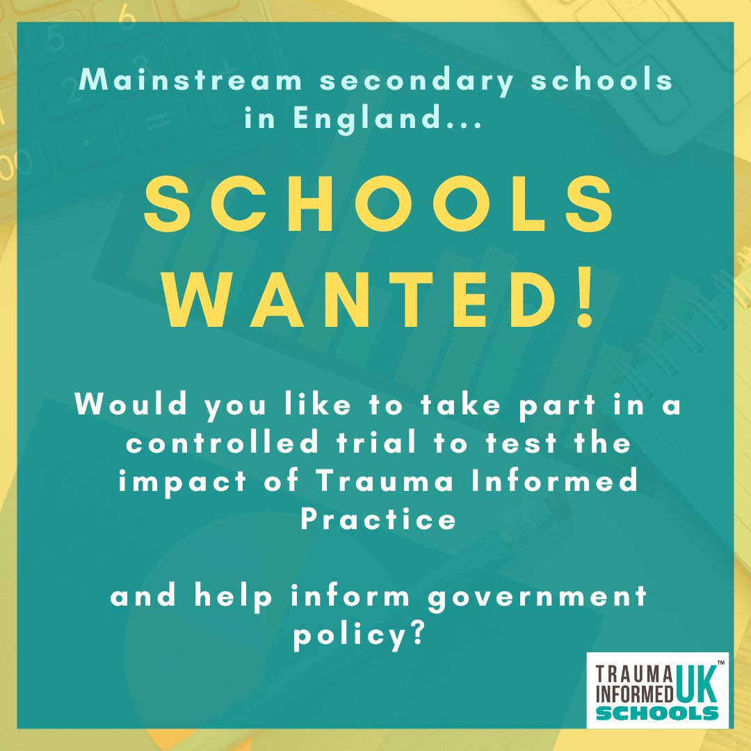 We are looking for mainstream secondary schools across England that have not previously received TISUK training but are interested in implementing a whole school Trauma Informed approach, see traumainformedschools.co.uk/home/projects for more details or email rowan@traumainformedschools.co.uk