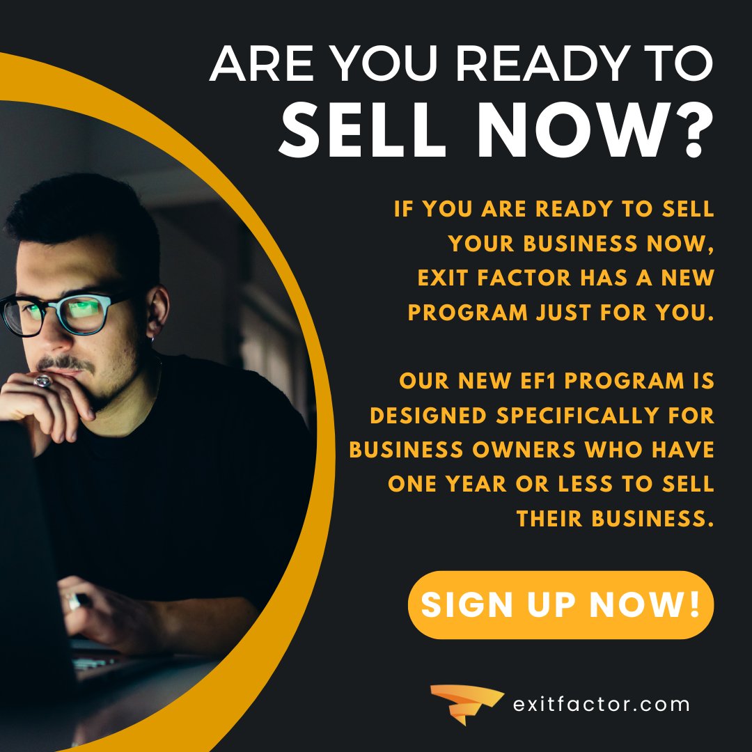 Have you checked out Exit Factor's new EF1: Prep To Sell program that includes access to proprietary tools to ensure you get the most out of selling your business?

Don't miss it:  courses.exitfactor.com/courses/ef1-pr…

#sellingyourbusiness  #businessadvice