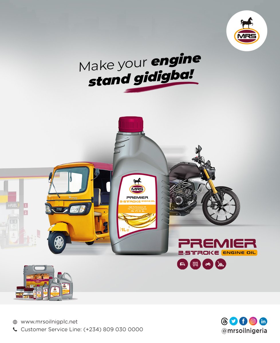 MRSOilNigeria's tweet photo. 🏍️ Elevate Your Engine Game with MRS Premier 2 Stroke (2T TC) Oil! 
🛢️ Ideal for motorcycles, tricycles, outboard engines, and more.⛽ When mixing fuel, remember: oil first, then petrol.📍 Available at all MRS stations nationwide. 
#premier2stroke #twostrokeengine
#mrslubricants https://t.co/dNDAiCfvhN
