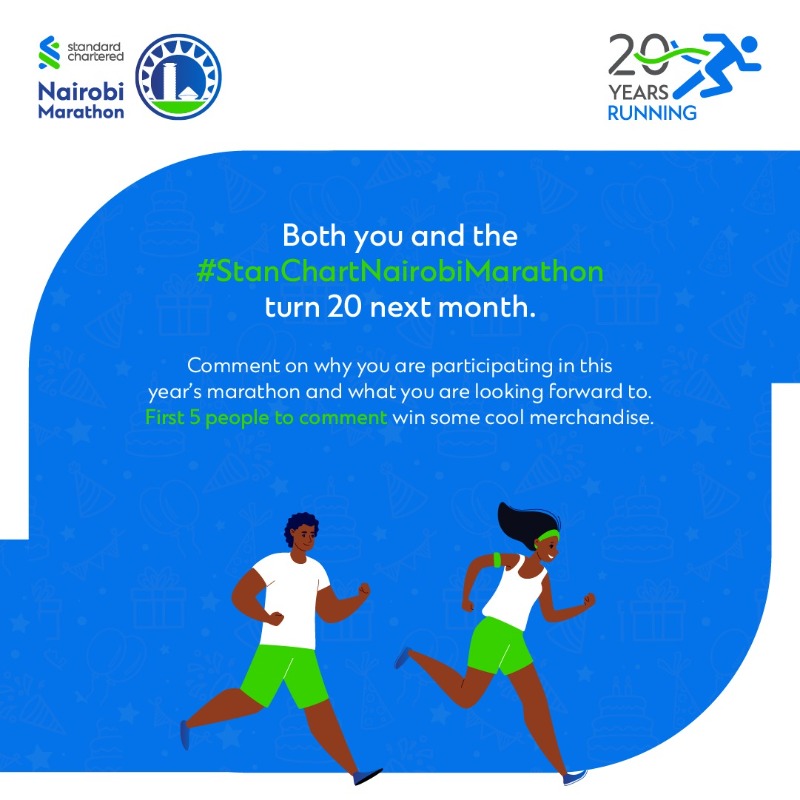 StanChartKE's tweet photo. 🚨 GIVEAWAY ALERT! 🚨 As the #StanChartNairobiMarathon turns 20 next month, we want to celebrate all our participants born in October 2003 😀. Swipe to learn how you can win some great merchandise by simply commenting. (PS – Make sure you have registered!) T&amp;Cs apply.