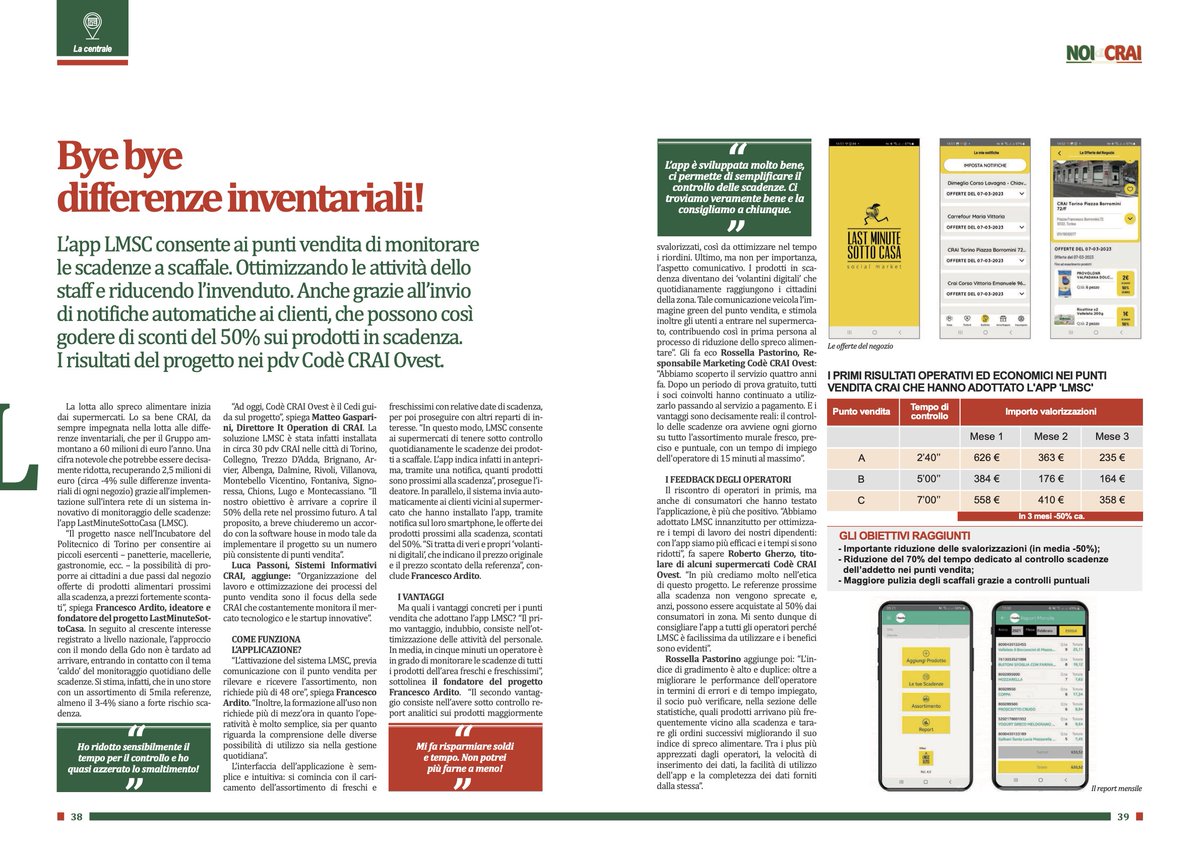 "La lotta allo spreco alimentare inizia dai supermercati", così esordisce l'articolo pubblicato su "NOI di CRAI", n. 3-2023, che prosegue presentando la nostra app implementata in numerosi supermercati Codè CRAI Ovest.
#sprecoalimentare #foodwaste #sostenibilità #supermercati