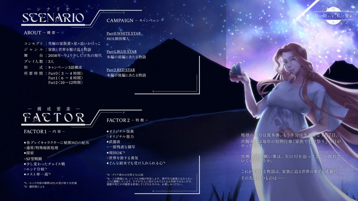 yugito7346's tweet photo. #エモクロア #TRPG 新作同人 キャンペーン シナリオ『星に願いを、私に愛を』  

あなたは家族に、何を願う？ 家族と巡る世界の果ての逃避行。

戦略性あるチェイス戦と、
物語途中で発生する2大ルート分岐が特徴です。 

2023年秋頃 BOOTHにて頒布予定。
↓ショップ・URL
https://t.co/M35GEnutjk https://t.co/5LiUMNcht9
